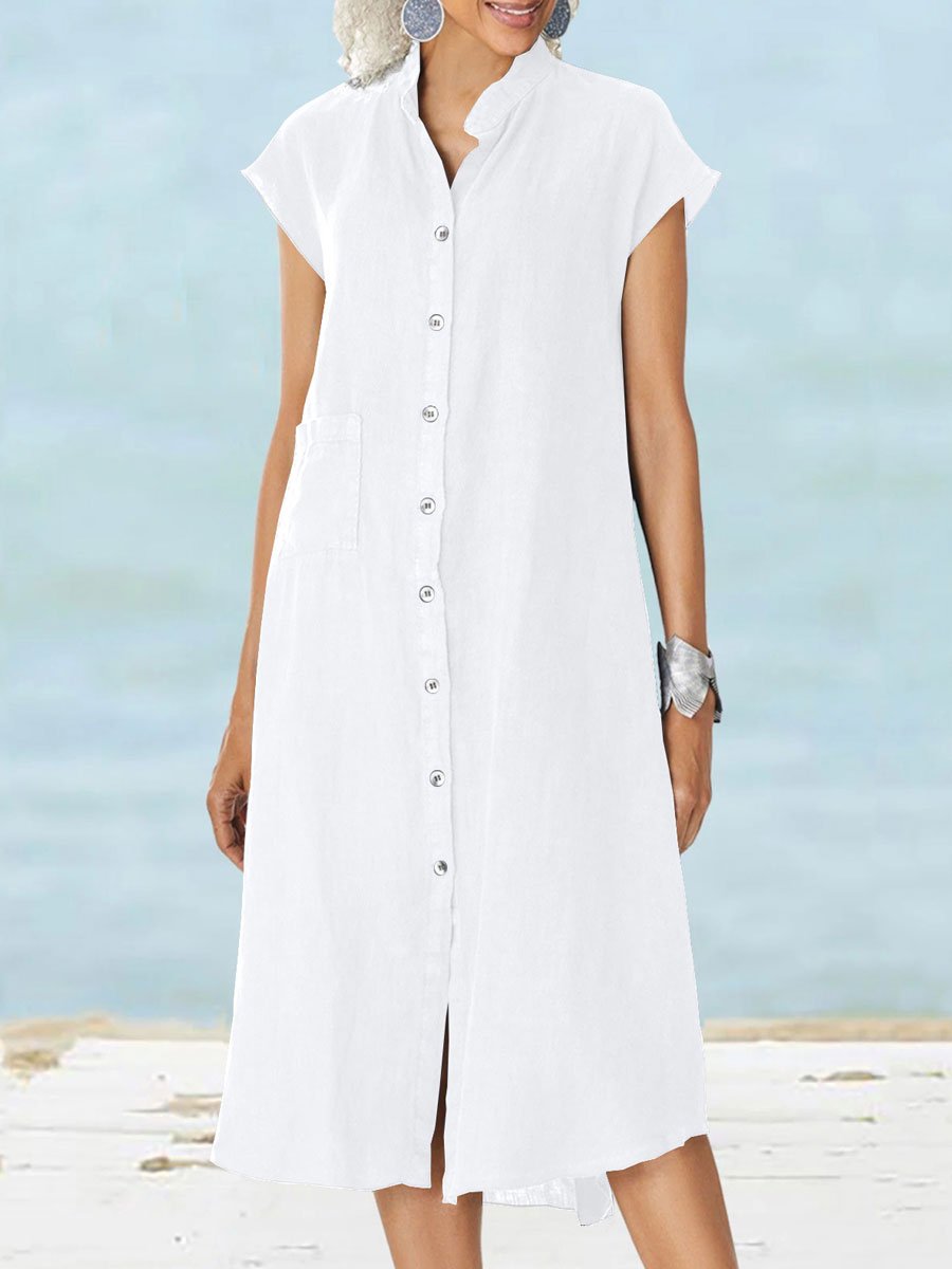 Stand Collar Cotton and Linen Pocket Short Sleeve Shirt Dress