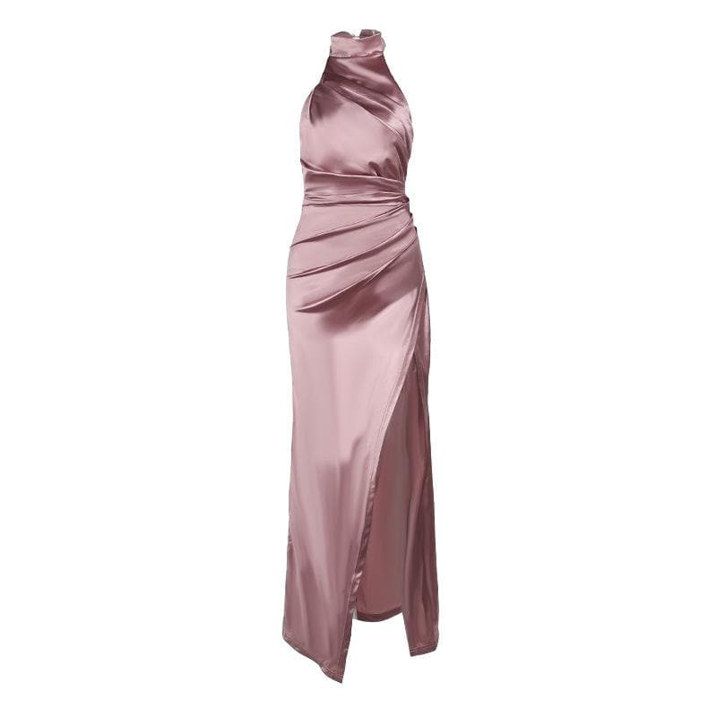 Ruched solid satin zip-up halter backless slit maxi dress