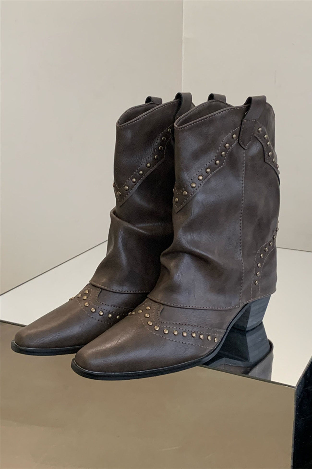 Pointed Toe Rivet Mid-Calf Boots