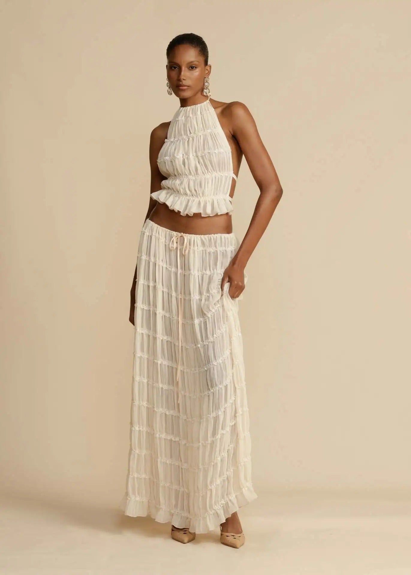 Ivyshape | Women's Halter Top And Skirt Set Ivory