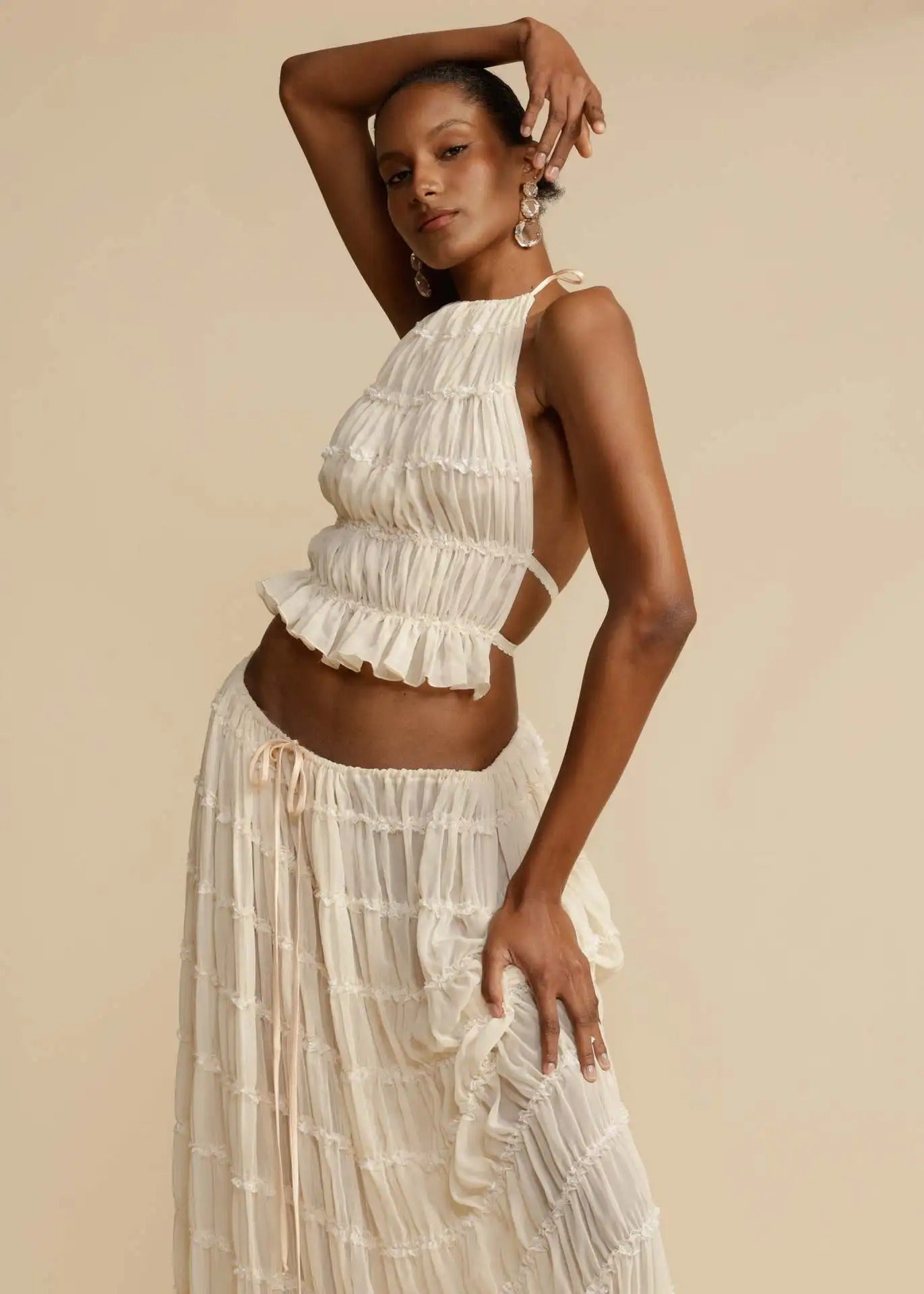 Ivyshape | Women's Halter Top And Skirt Set Ivory