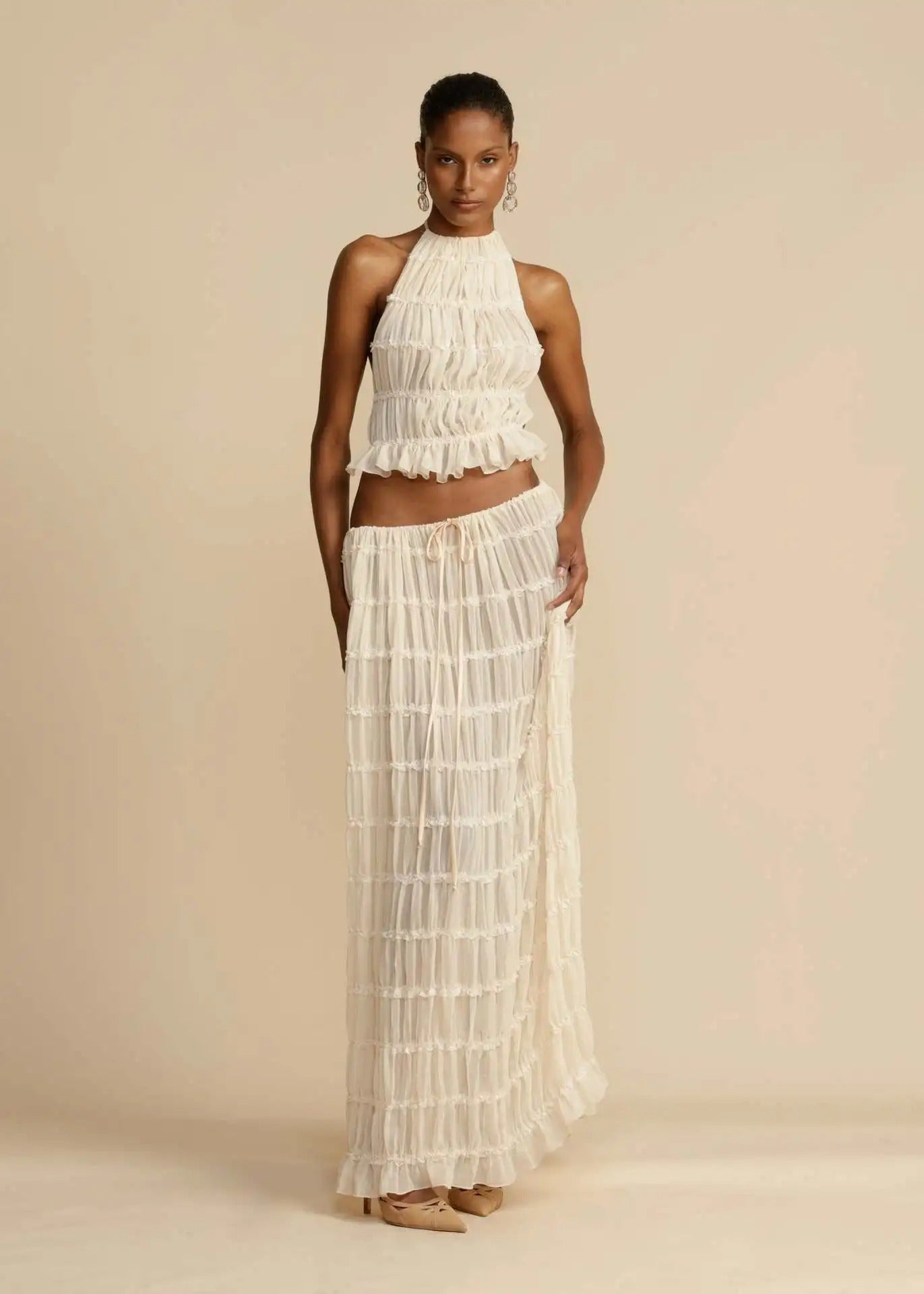 Ivyshape | Women's Halter Top And Skirt Set Ivory