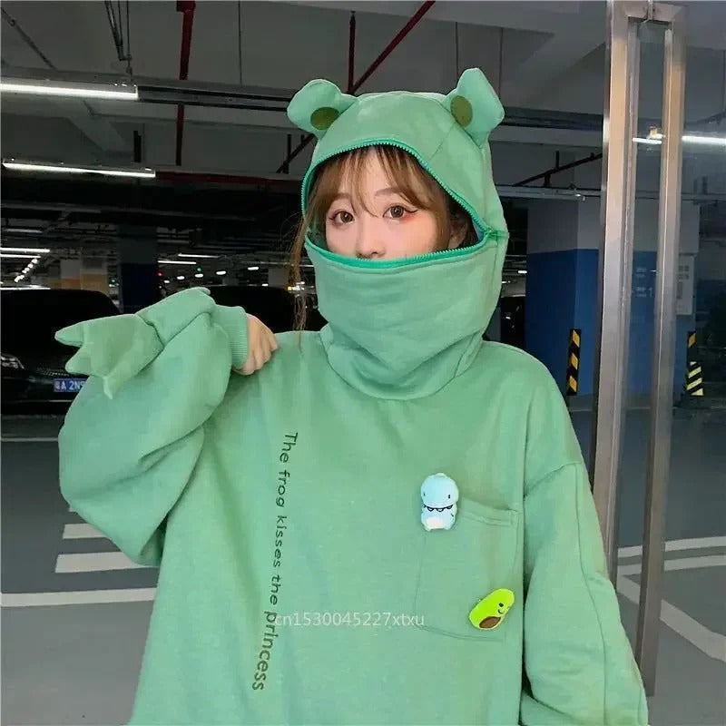 Ivyshape | Oversized Hoodie with Frog Motif for Women