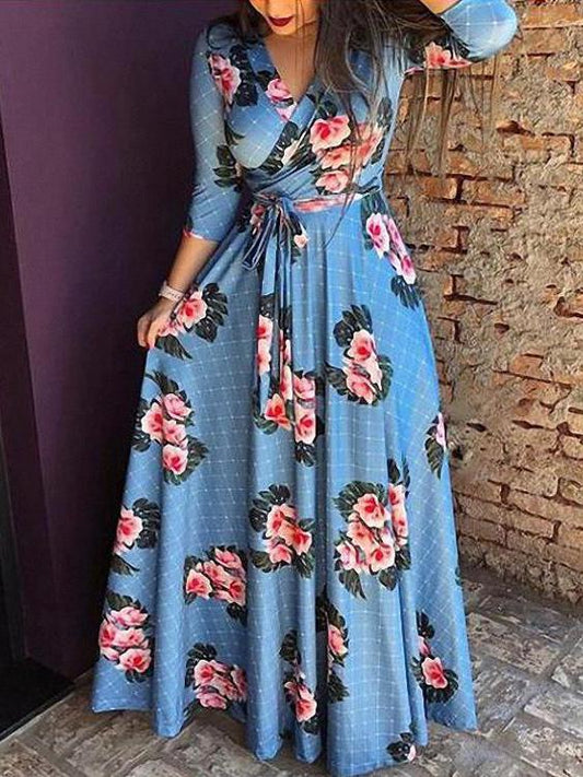 Sleeve Floral V Neck Slim Waist Maxi Dress with Belt