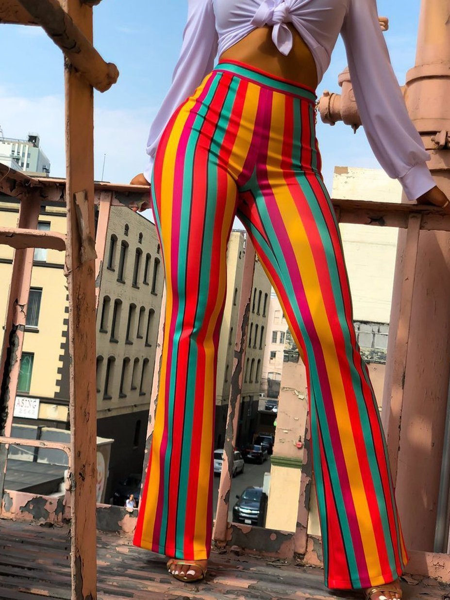 Striped Casual Long Pants Flared Trousers