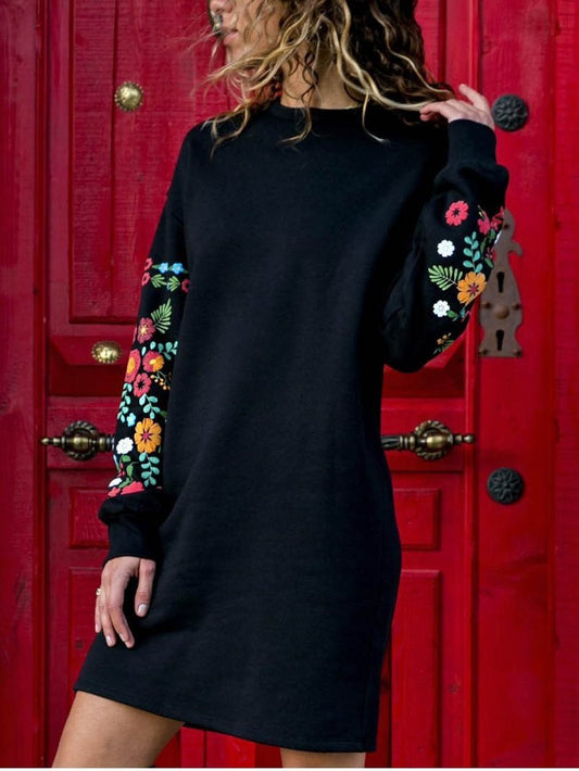 Neck Floral Long Sleeve Mini Dress