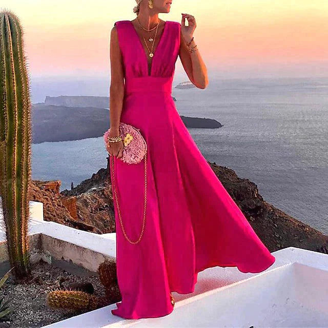 Ivyshape | Long Deep V-Neck Dress Sleeveless