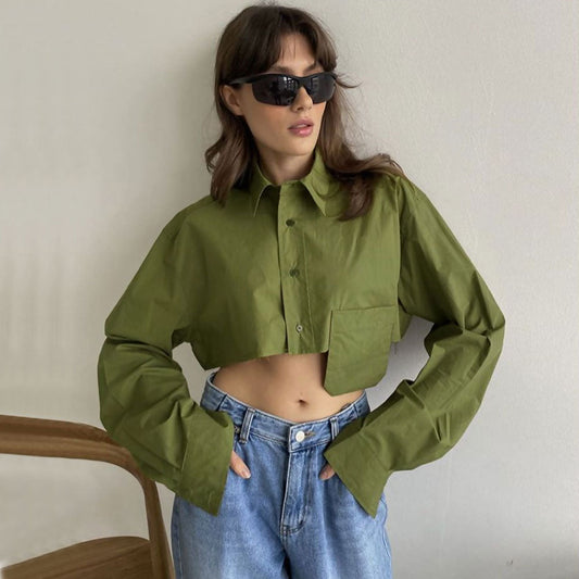 Ivyshape | Oversized Green Button-Down Shirt