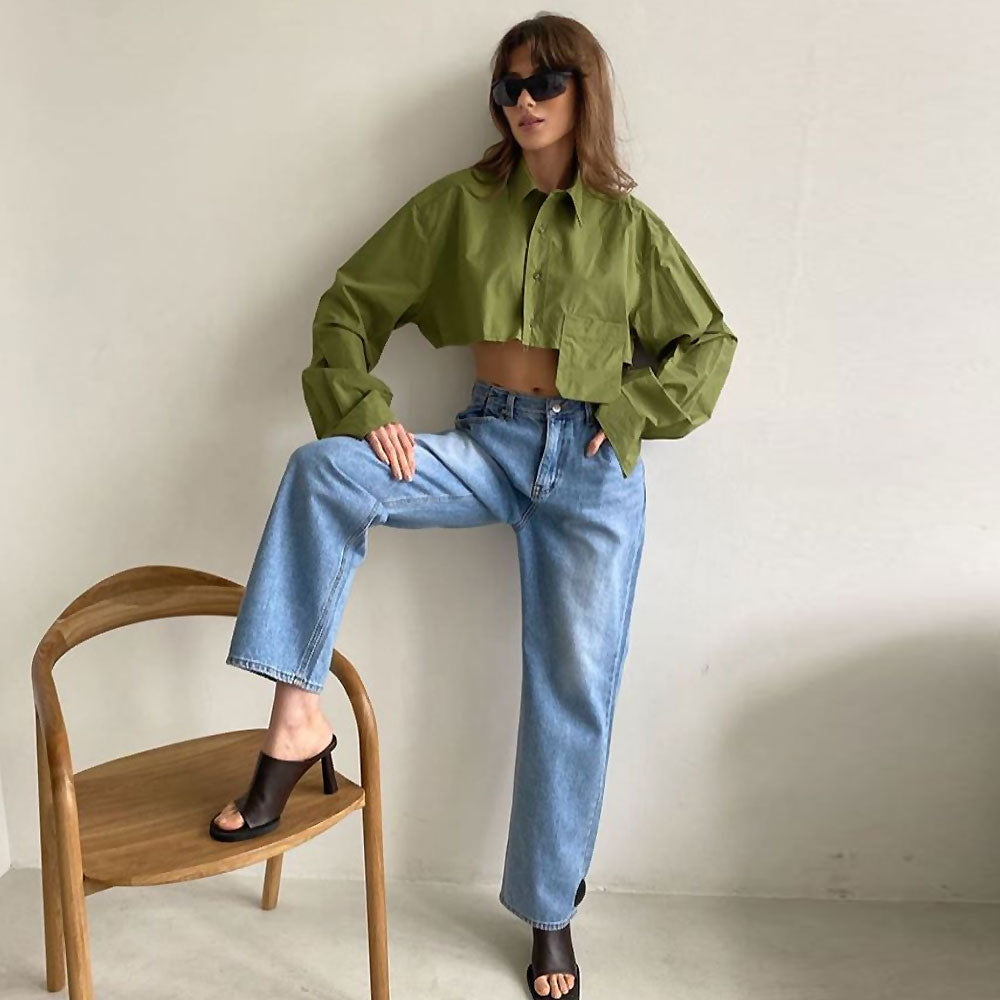 Ivyshape | Oversized Green Button-Down Shirt