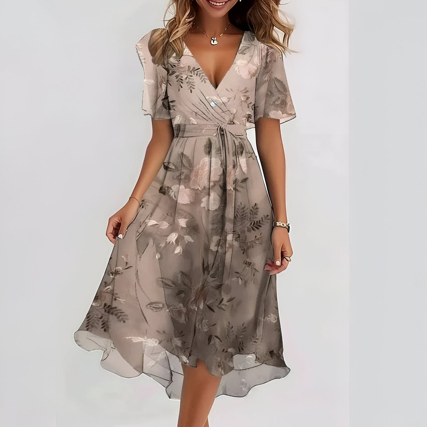 Ivyshape | Women's Flowy Elegant Mid Dress V-Neck