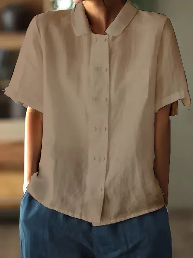 Ivyshape | White Loose Fit Cotton-Linen Blouse with Short Sleeves