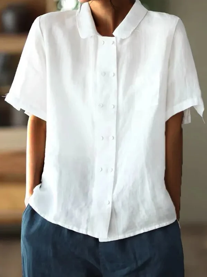 Ivyshape | White Loose Fit Cotton-Linen Blouse with Short Sleeves