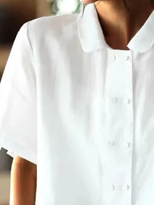 Ivyshape | White Loose Fit Cotton-Linen Blouse with Short Sleeves