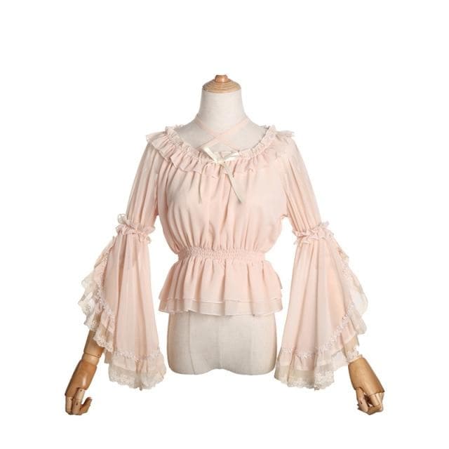 Chiffon Ruffle Blouse With Transparent Flare Sleeves