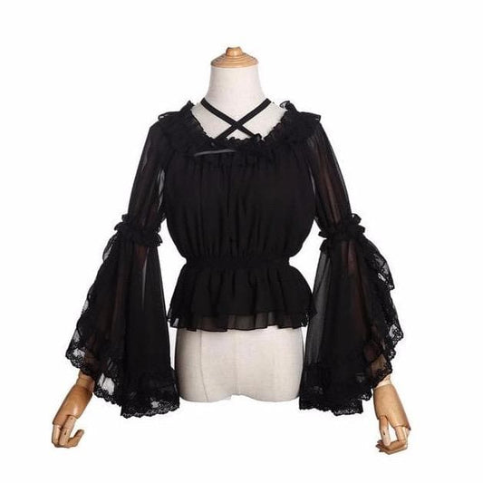 Chiffon Ruffle Blouse With Transparent Flare Sleeves