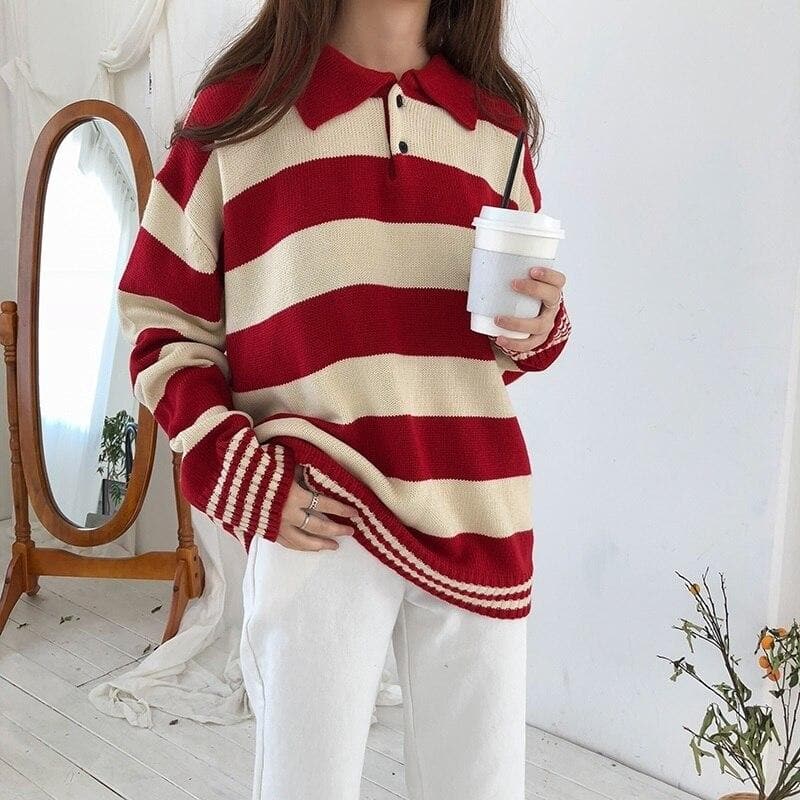 Striped Sweater With Buttoned Collar