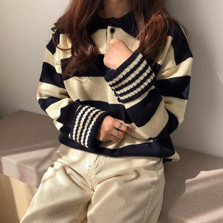 Striped Sweater With Buttoned Collar