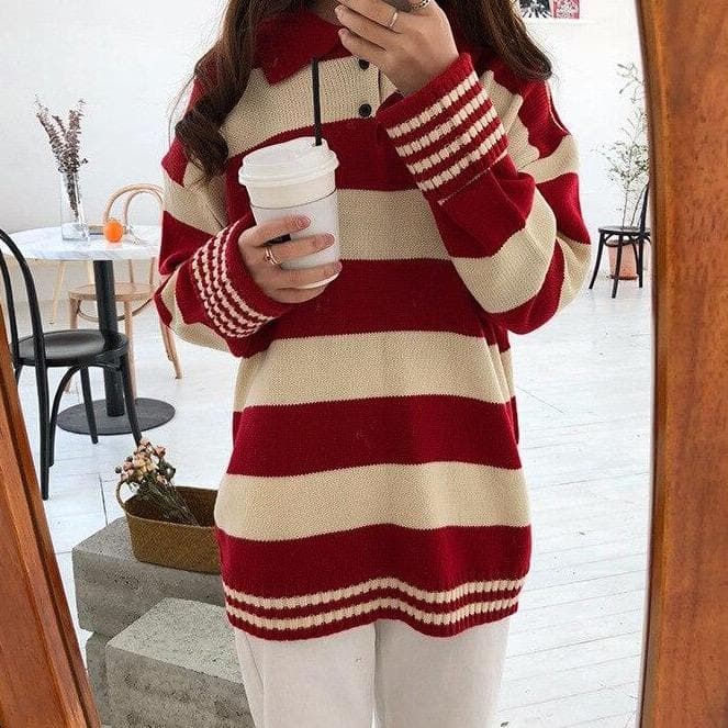 Striped Sweater With Buttoned Collar