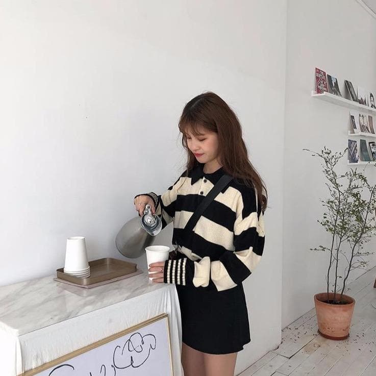 Striped Sweater With Buttoned Collar