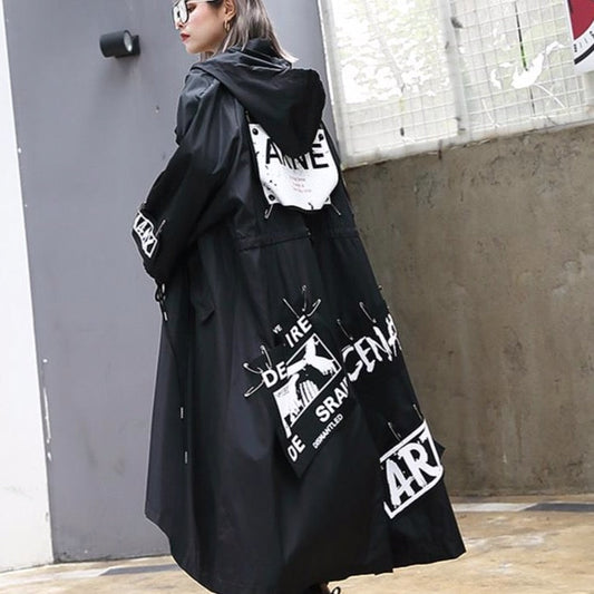 Long Coat With Hood And Graphic Print