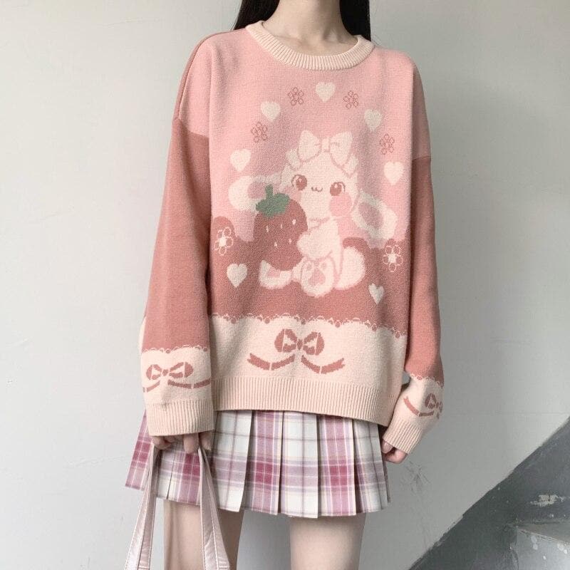 Knit Sweater With Strawberry Bunny Print