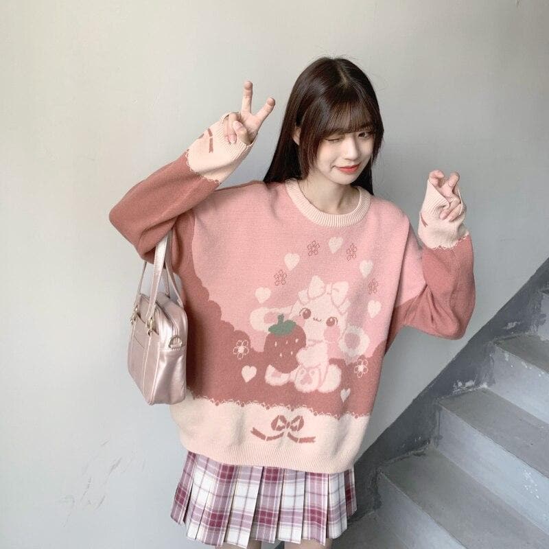 Knit Sweater With Strawberry Bunny Print