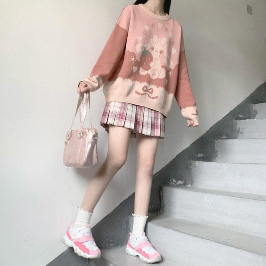 Knit Sweater With Strawberry Bunny Print