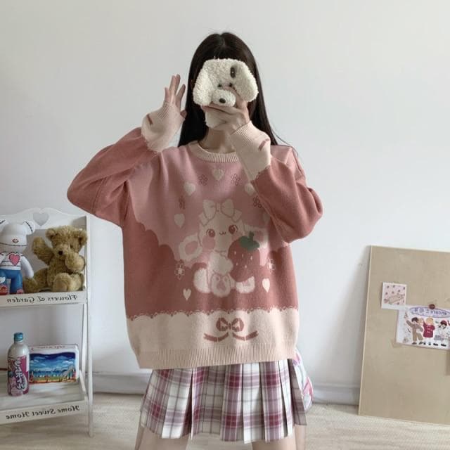 Knit Sweater With Strawberry Bunny Print