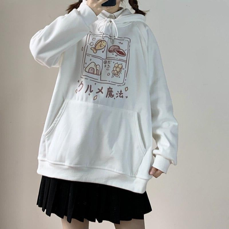 Hoodie With Food Print And Japanese Lettering