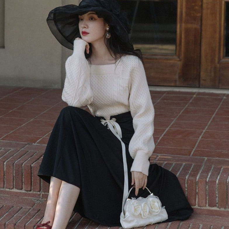 Outfit-Set: Knitted Sweater And Laced-Up Skirt