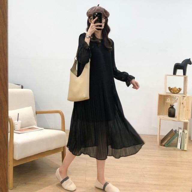 Midi Chiffon Dress With Lantern Sleeves