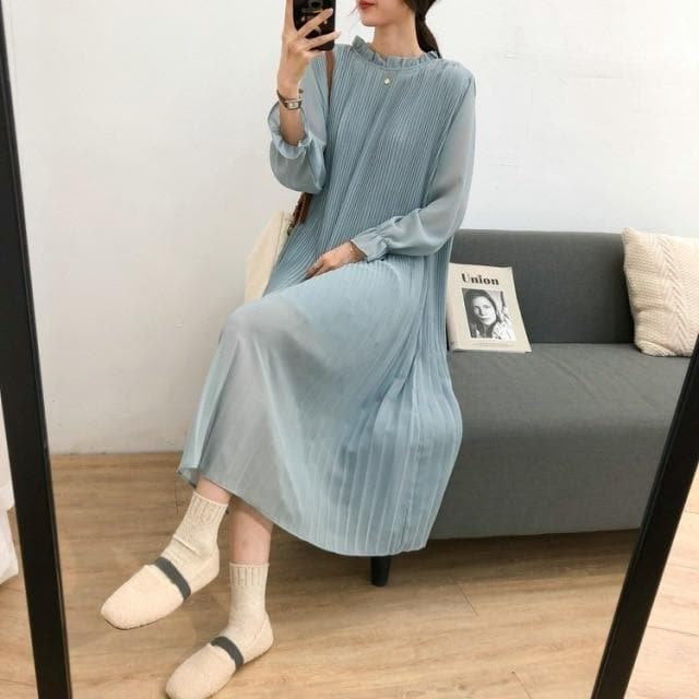 Midi Chiffon Dress With Lantern Sleeves