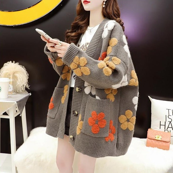 Knitted Cardigan With Flower Pattern And Pockets