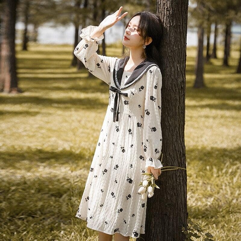 Longsleeved Floral Dress With Sailor Collar And Bow