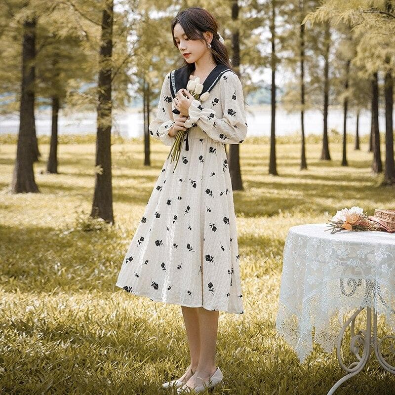 Longsleeved Floral Dress With Sailor Collar And Bow