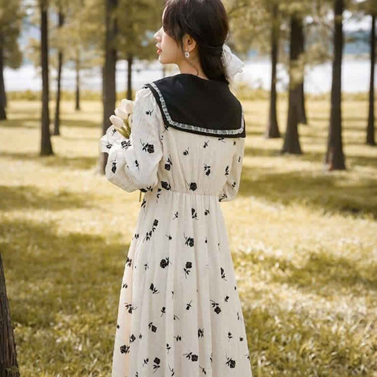 Longsleeved Floral Dress With Sailor Collar And Bow