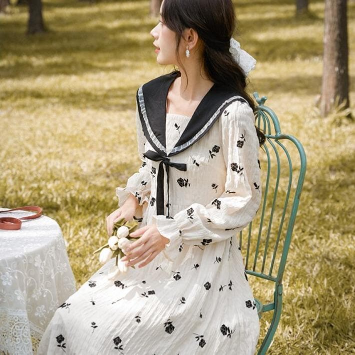 Longsleeved Floral Dress With Sailor Collar And Bow