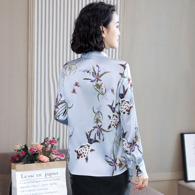 Satin Blouse With Floral Print And V-Neck