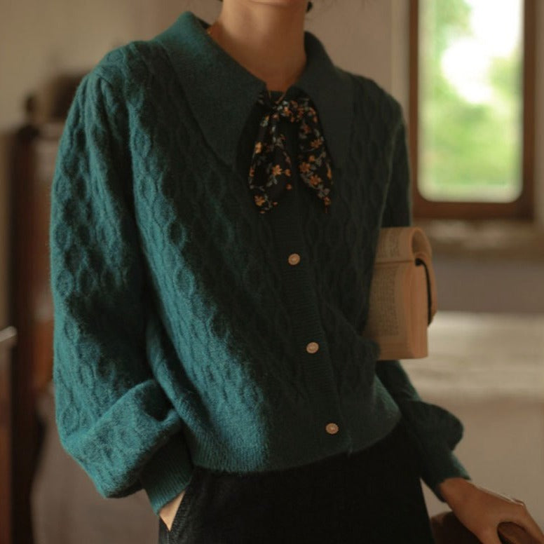 Structured Button-Down Cardigan With Floral Necktie