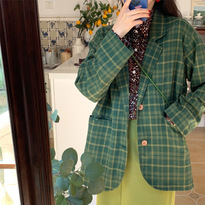 Plaid Blazer Jacket With Pockets