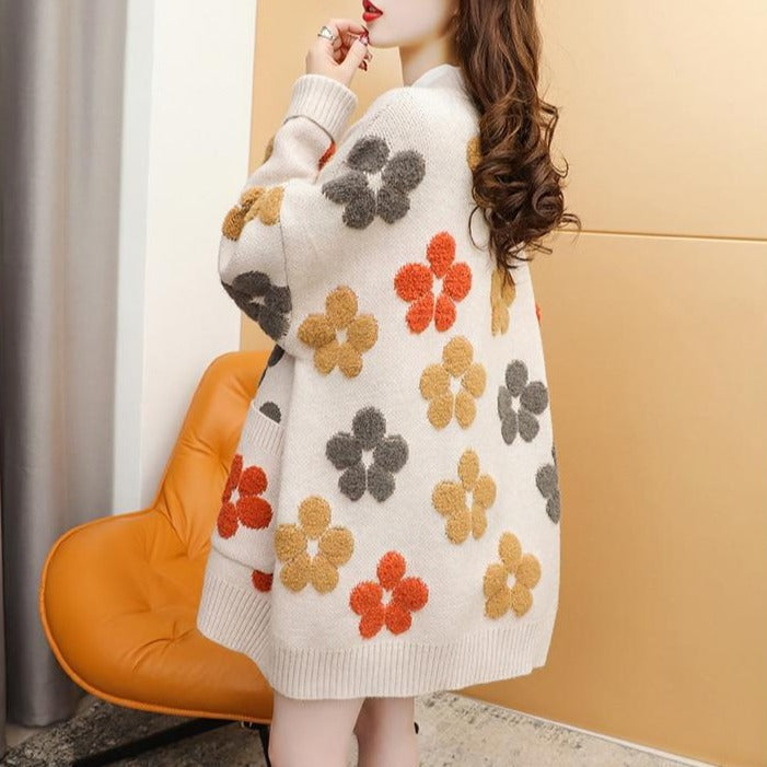 Knitted Cardigan With Flower Pattern And Pockets