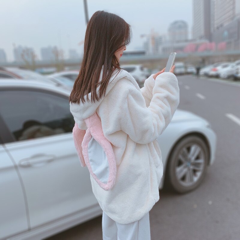 Fluffy Zip-Up Jacket With Bunny Ears