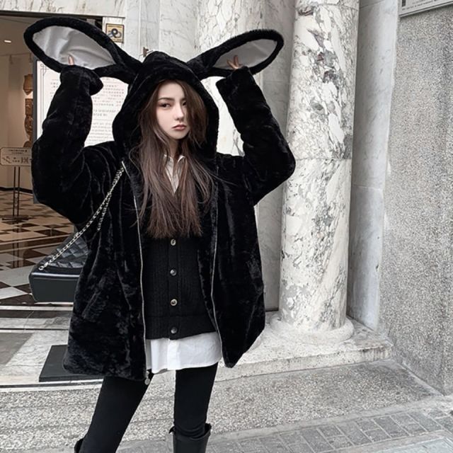 Fluffy Zip-Up Jacket With Bunny Ears