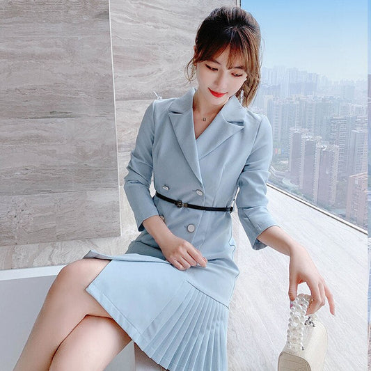 Double-Breasted Blazer Dress With Pleated Hem