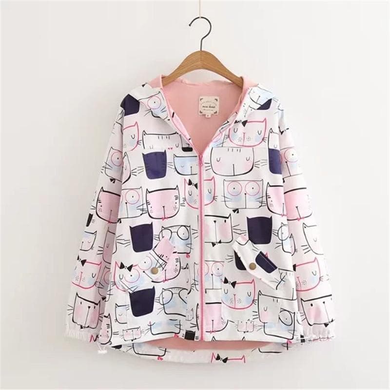 Hooded Jacket with Cat Pattern