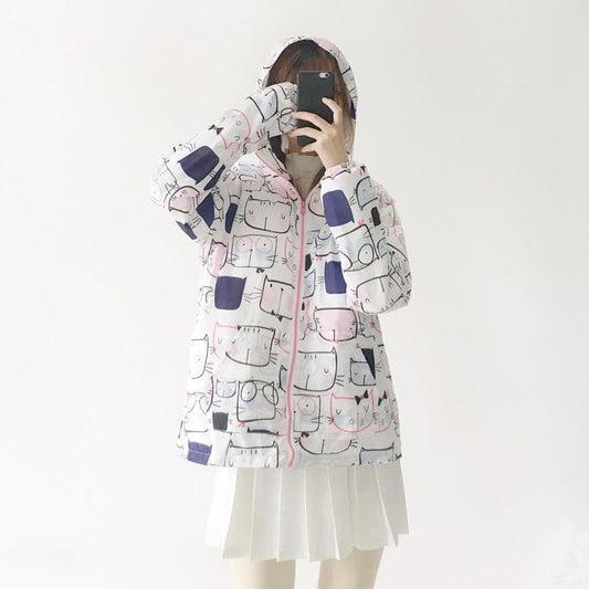 Hooded Jacket with Cat Pattern