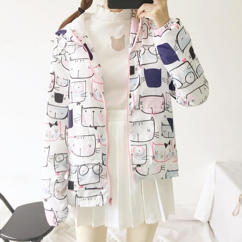 Hooded Jacket with Cat Pattern