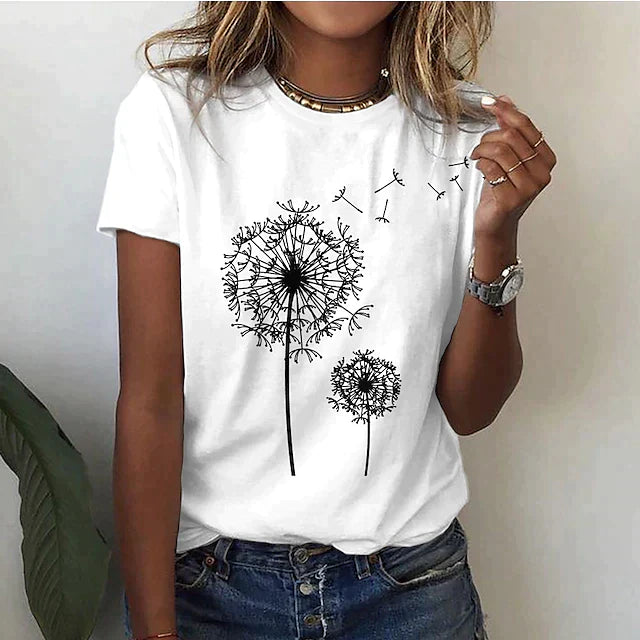 Ivyshape | Women's Dandelion Print T-Shirt Round Neck