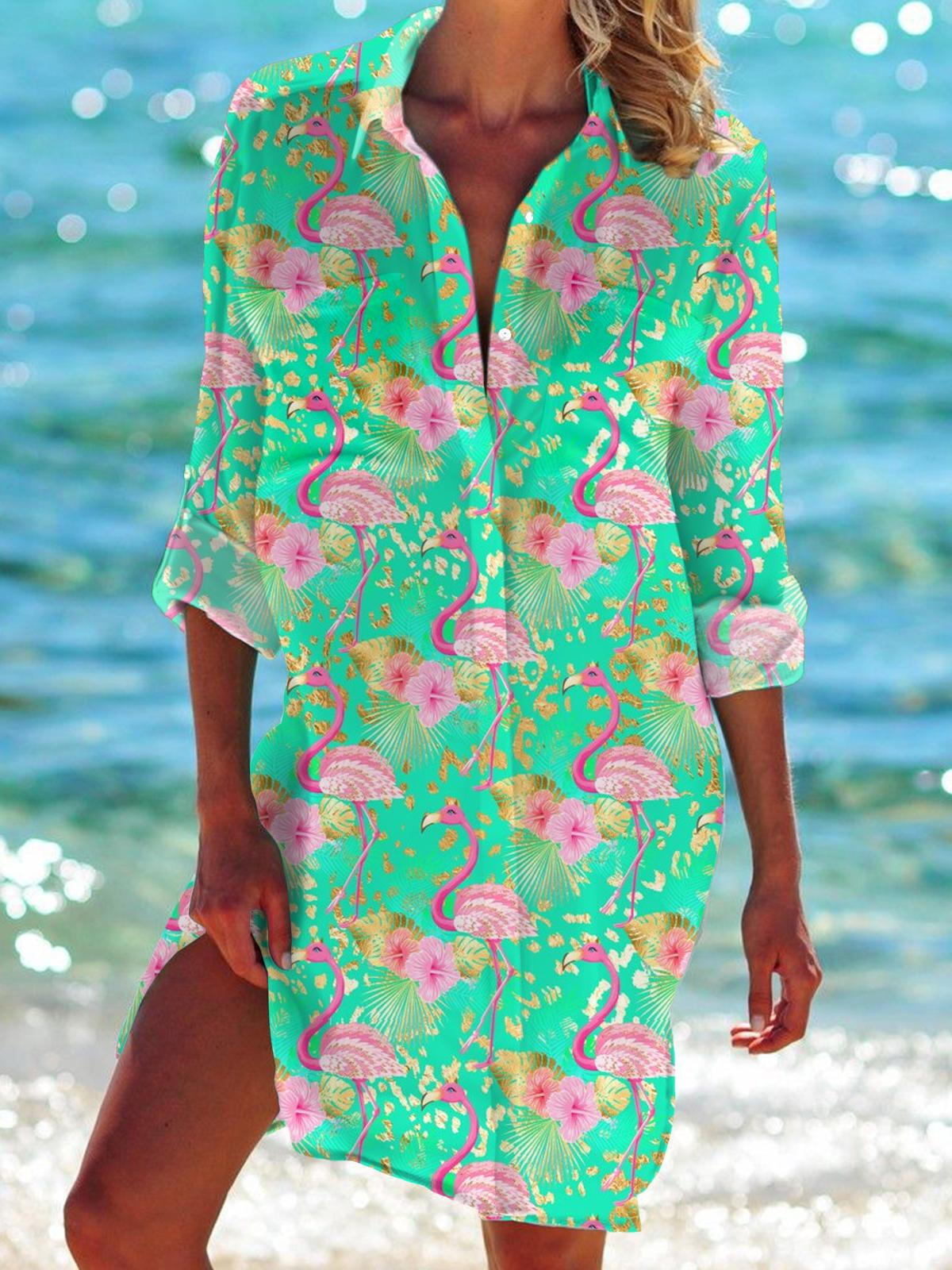 Flamingo Long Sleeve Beach Shirt Dress