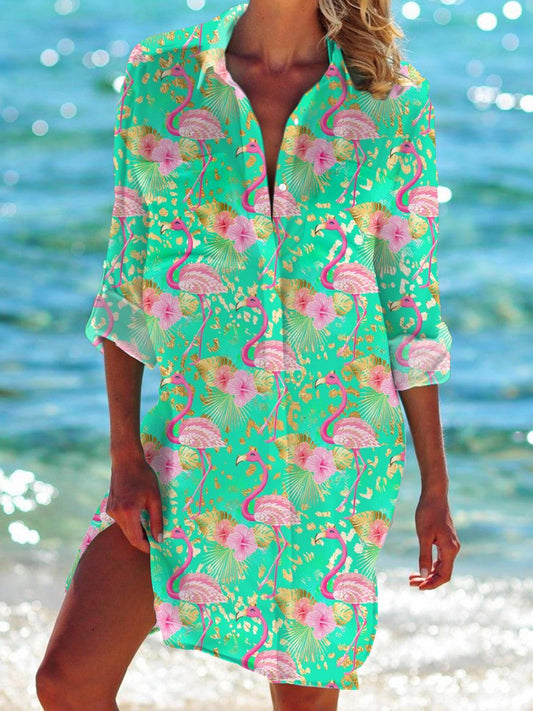 Flamingo Long Sleeve Beach Shirt Dress